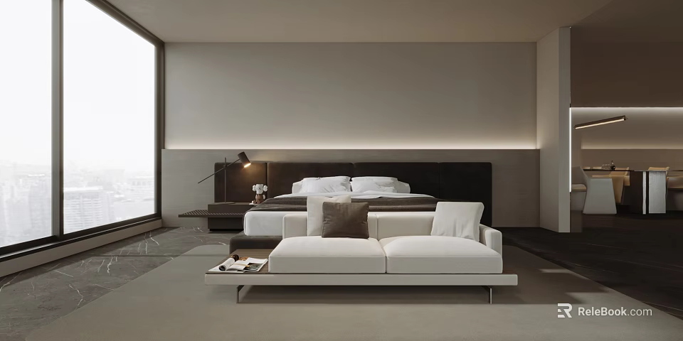 Modern Bedroom Interior Design With Large Bed White Sofa And Floor To Ceiling Window 3d model 