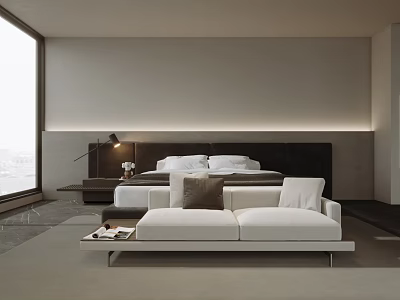 Modern Bedroom Interior Design With Large Bed White Sofa And Floor To Ceiling Window 3d model