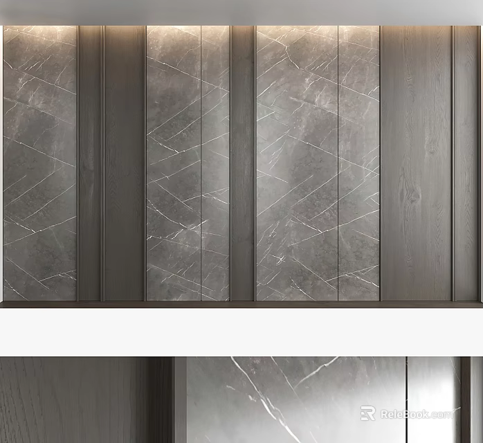 Modern Accent Wall Design With Marble Texture And Wooden Vertical Strips 3d model 