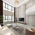 Contemporary Duplex Living Room Design With Staircase Sofa And Chandelier Display Cabinet