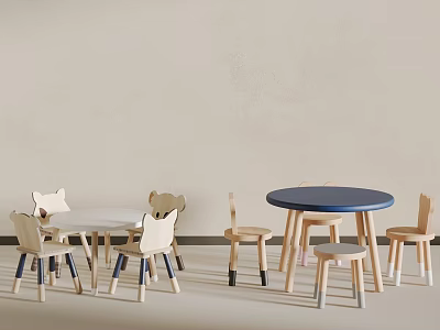 Children's Wooden Animal Shaped Dining Chairs With Blue White Round Tables 3d model