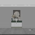 Modern Decorative Cabinet With Green Countertop White Doors Golden Base And Wall Artwork