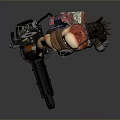 Bald Warrior Character With Red Tattoos Mechanical Arm Large Weapon And Tattered Combat Outfit