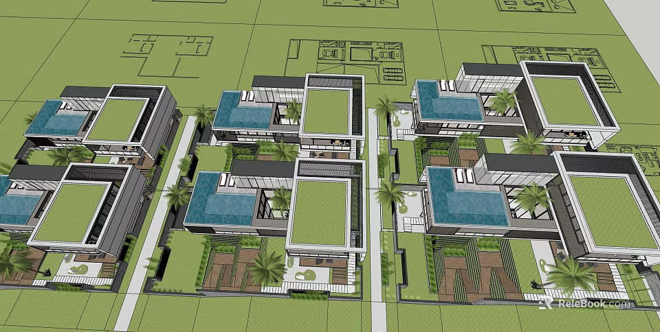 Modern Detached Villas Layout With Courtyards Palm Trees And Blue Roofs 3d model 
