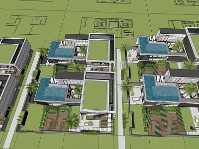 Modern Detached Villas Layout With Courtyards Palm Trees And Blue Roofs 3d model