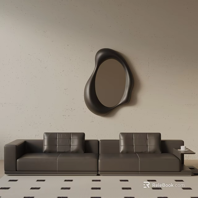 Dark Leather Three Seater Sofa With Unique Shaped Mirror On Light Textured Wall 3d model