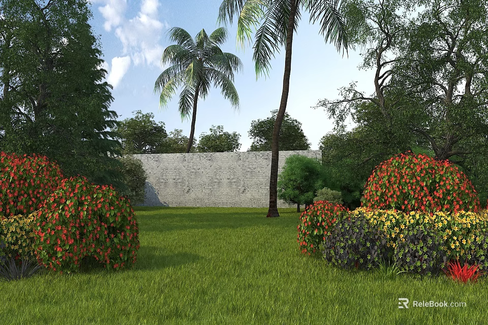 Beautiful Garden Landscape With Green Lawn Colorful Shrubs Palm Trees And Stone Wall 3d model 