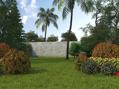 Beautiful Garden Landscape With Green Lawn Colorful Shrubs Palm Trees And Stone Wall 3d model