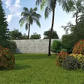 Beautiful Garden Landscape With Green Lawn Colorful Shrubs Palm Trees And Stone Wall