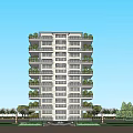 Modern High Rise Apartment Building With Balconies Greenery And Glass Facade Surrounded By Trees