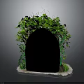 Lush Green Plants Surrounding Black Archway With Fresh Leaves And White Base