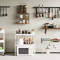 Kitchen Storage Shelves Wall Mounted and Freestanding with Jars Bowls Microwave Fruits and Plates