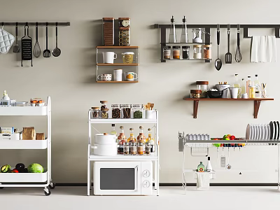 Kitchen Storage Shelves Wall Mounted and Freestanding with Jars Bowls Microwave Fruits and Plates 3d model