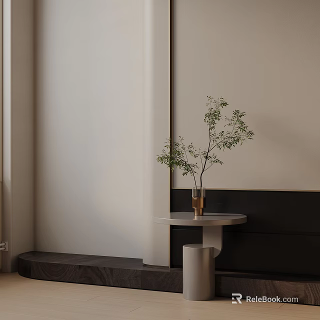 Modern Minimalist Side Table In Room Corner With Round Top And Green Plant Vase 3d model 