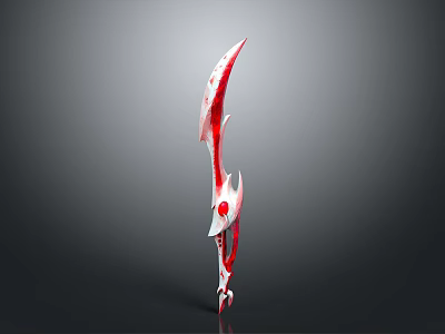 Red And White Curved Blade Weapon With Intricate Patterns And Decorative Design 3d model