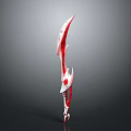 Red And White Curved Blade Weapon With Intricate Patterns And Decorative Design