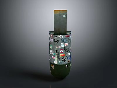 Green Cylindrical Decorative Vase With Various Stickers And Brown Top 3d model