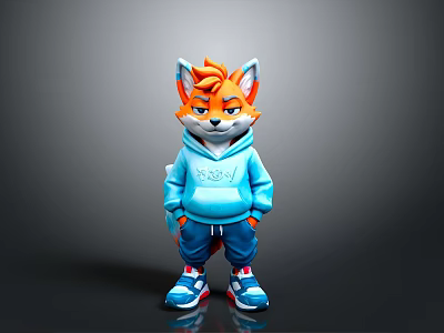 Cartoon Fox Character In Blue Hoodie Blue Pants And Blue Sneakers On Dark Background 3d model