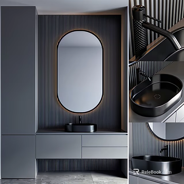 Modern Washbasin Design With Oval Backlit Mirror Black Basin And Gray Cabinet 3d model 