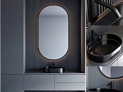 Modern Washbasin Design With Oval Backlit Mirror Black Basin And Gray Cabinet 3d model