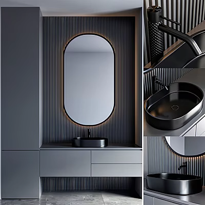 Modern Washbasin Design With Oval Backlit Mirror Black Basin And Gray Cabinet 3d model