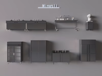 Modern Gray Kitchenware Collection With Sink Cabinets Wheeled Carts And Glass Door Units 3d model