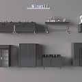 Modern Gray Kitchenware Collection With Sink Cabinets Wheeled Carts And Glass Door Units