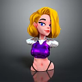 3D Female Character With Blonde Short Hair Blue Eyes Purple Top And Silver Shoulder Decorations