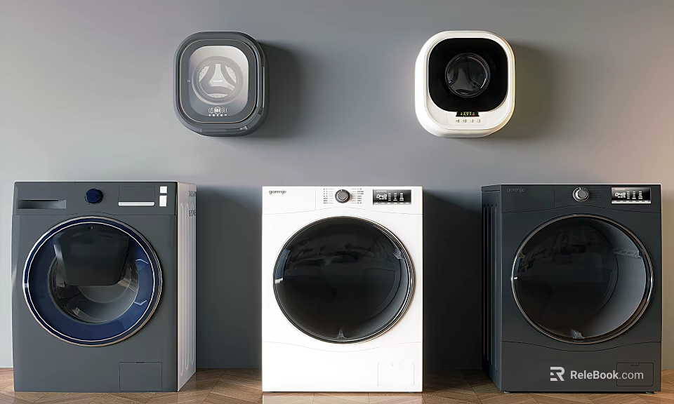 Three Modern Front Loading Washing Machines In Different Colors With Round Doors And Control Panels 3d model 