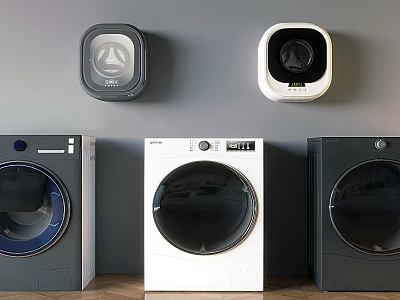 Three Modern Front Loading Washing Machines In Different Colors With Round Doors And Control Panels 3d model