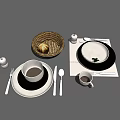 Dinnerware Set Table Setting With White Cups Plates Spoons Forks Breadbasket And Green Leaf Garnish 3d model