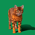 Tabby Cat Standing With Striped Fur Yellow Eyes On Green Background