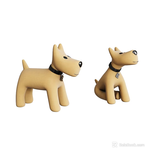 Adorable Beige Dog Plush Toys With Black Collars Standing And Sitting Pose 3d model 