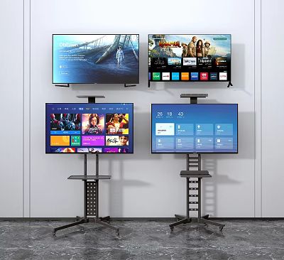 Iron Art TV Stands Displaying Various Monitors In Modern Space 3d model
