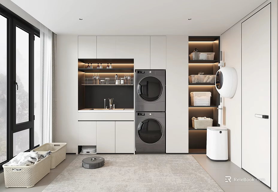 Modern Laundry Room Interior With Stacked Washer Dryer Shelves Pet Bed And White Cabinets 3d model 