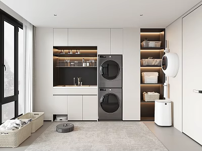 Modern Laundry Room Interior With Stacked Washer Dryer Shelves Pet Bed And White Cabinets 3d model
