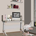 Cozy Home Office Interior With Desk Computer Monitor Bookshelves And Chair