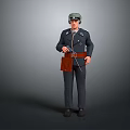 3D Game Movie Character In Dark Uniform With Brown Waist Bag And Rope