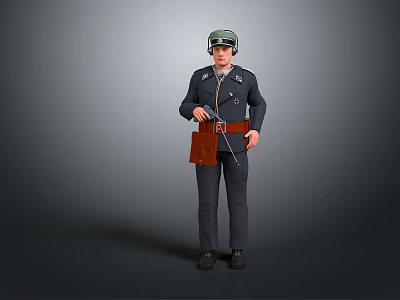 3D Game Movie Character In Dark Uniform With Brown Waist Bag And Rope 3d model