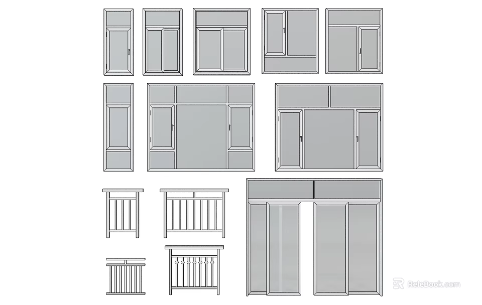 Different Casement Window Styles With Railing And Sliding Door Designs 3d model 