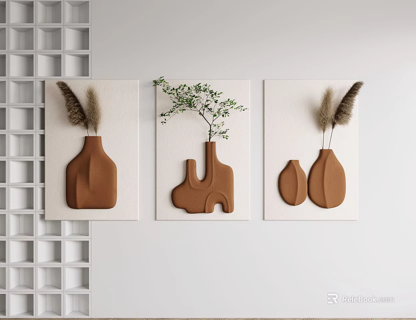 Minimalist Wall Decor With Abstract Brown Vases Greenery And Dried Plants 3d model 