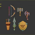 3D Modeled Weapons Set With Bow Arrow Hammer Axe Shield Dagger And Quiver