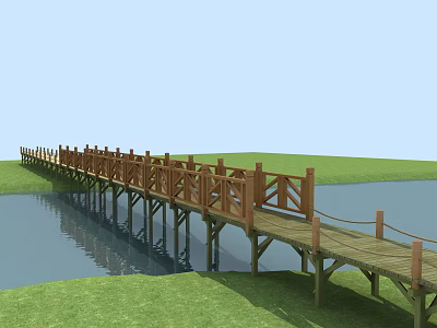 Scenic Wooden Bridge With Railings Over Water And Green Grass Area 3d model