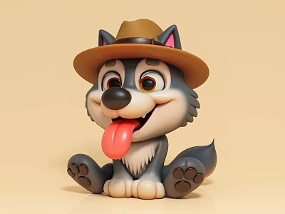 Cute Cartoon Wolf Character Wearing Brown Hat Sticking Out Tongue in Game Movie 3d model