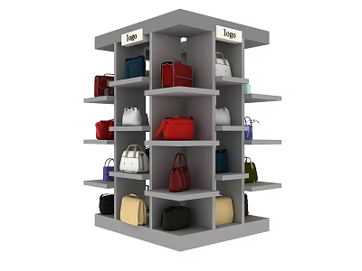 Multi Tiered Display Shelving With Various Colored Handbags For Retail Store 3d model