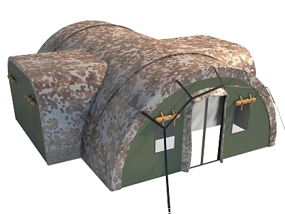 Camouflage Outdoor Tent With Multiple Sections Door And Windows Green Brown Pattern 3d model