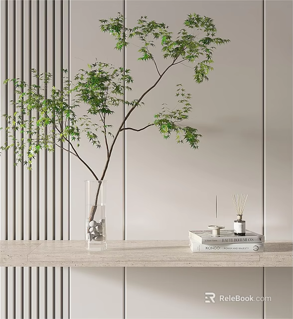 Clear Glass Vase with Green Branches and Stones on Wooden Shelf with Books and Diffuser 3d model 
