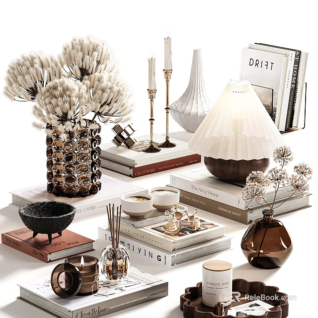 Decorative Ornament Set With Vases Candles Books Table Lamp Dried Flowers And Bowl 3d model 
