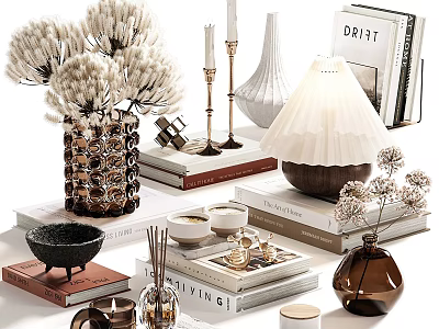 Decorative Ornament Set With Vases Candles Books Table Lamp Dried Flowers And Bowl 3d model