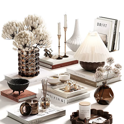 Decorative Ornament Set With Vases Candles Books Table Lamp Dried Flowers And Bowl 3d model